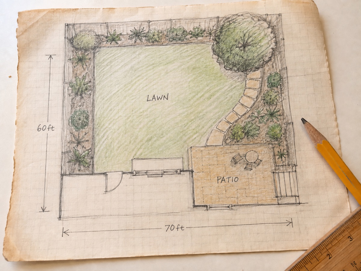Pencil and colored-pencil backyard plan on graph paper, with a lawn, patio, planting beds, and handwritten measurements
