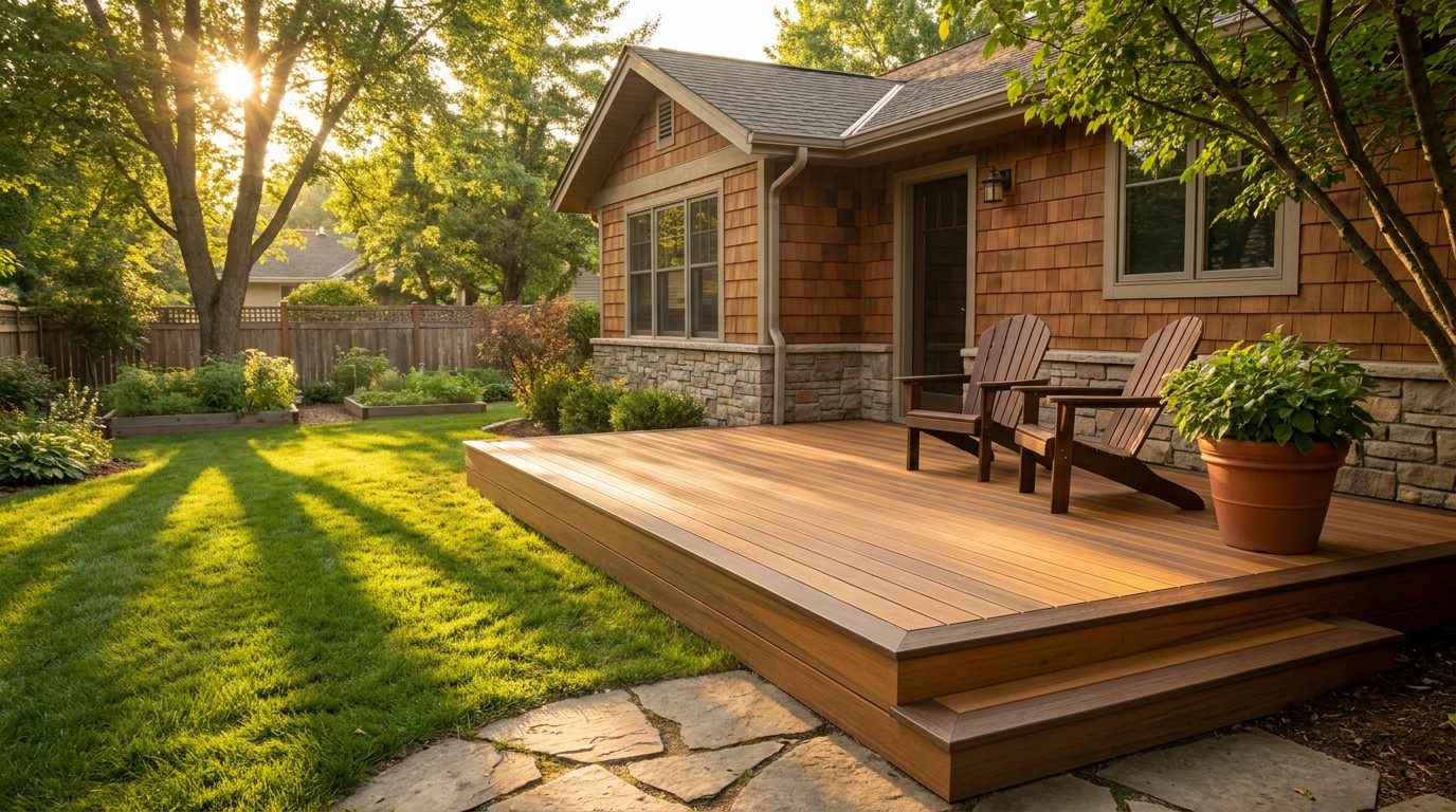 A finished backyard composite wood deck with railing and chairs at golden hour